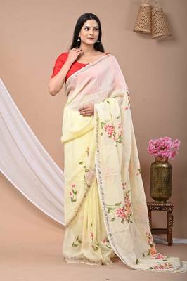 Yellow Hand Painted Saree with Gotta Work 1