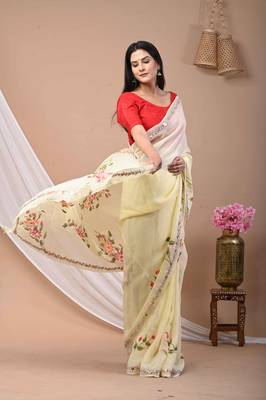 Yellow Hand Painted Saree with Gotta Work 2