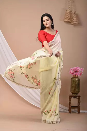 Yellow Hand Painted Saree with Gotta Work