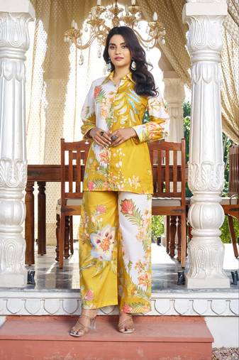 Multicolor printed cotton raya angel co ord sets