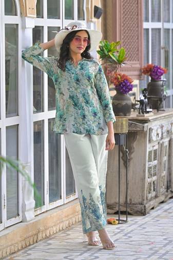 Green printed cotton raya angel co ord sets