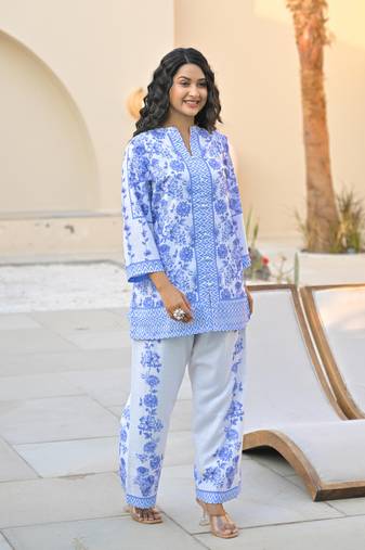 White printed cotton raya angel co ord sets
