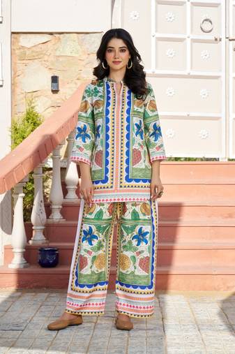 Multicolor printed cotton raya angel co ord sets