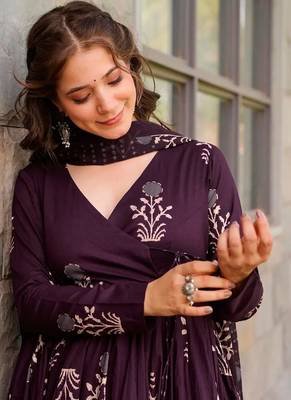 Dark purple printed muslin palazzo suits 1