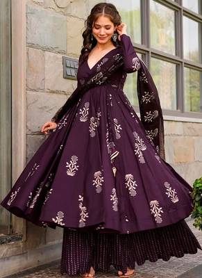 Dark purple printed muslin palazzo suits 2