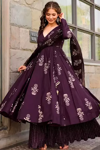 Dark purple printed muslin palazzo suits
