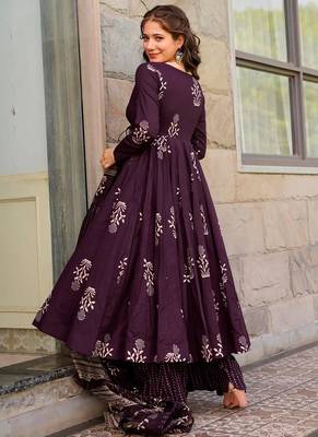 Dark purple printed muslin palazzo suits 3