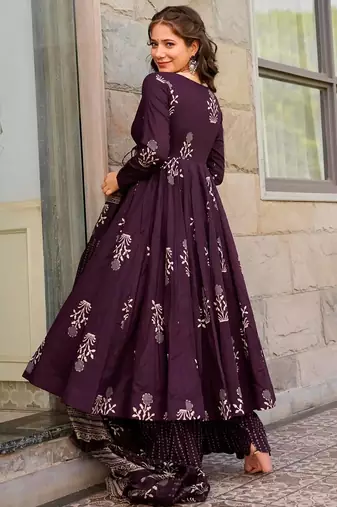 Dark purple printed muslin palazzo suits