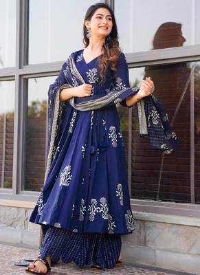 Navy blue printed muslin palazzo suits 1