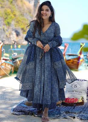 Teal blue printed muslin palazzo suits 1
