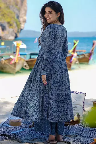 Teal blue printed muslin palazzo suits