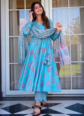 Sky blue printed muslin palazzo suits 1