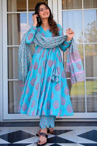 Sky blue printed muslin palazzo suits