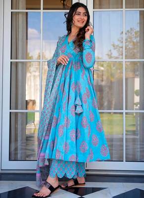 Sky blue printed muslin palazzo suits 2