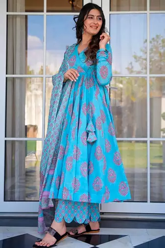 Sky blue printed muslin palazzo suits