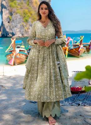 Light olive green printed muslin palazzo suits 1