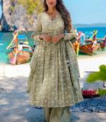 Light olive green printed muslin palazzo suits