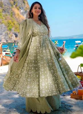 Light olive green printed muslin palazzo suits 2