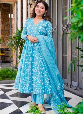 Sky blue printed muslin palazzo suits 1