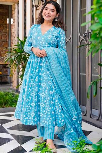 Sky blue printed muslin palazzo suits