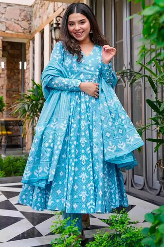 Sky blue printed muslin palazzo suits