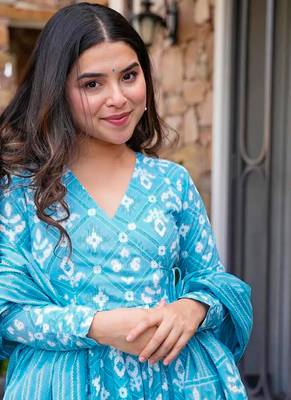 Sky blue printed muslin palazzo suits 4