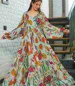 Pista green printed chinon gown