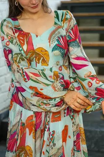 Pista green printed chinon gown