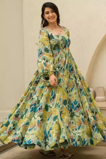 Multicolor printed chinon gown