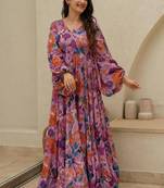 Lavender printed chinon gown