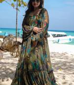 Green printed chinon gown