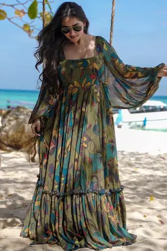 Green printed chinon gown