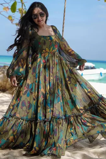 Green printed chinon gown