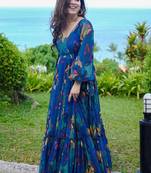 Blue printed chinon gown