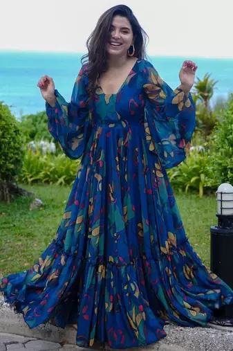 Blue printed chinon gown