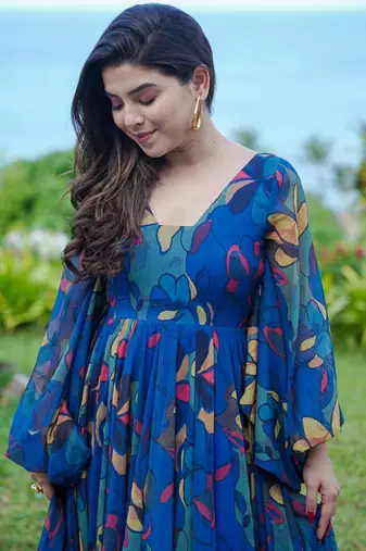 Blue printed chinon gown
