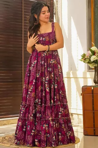 Maroon printed rayon gown