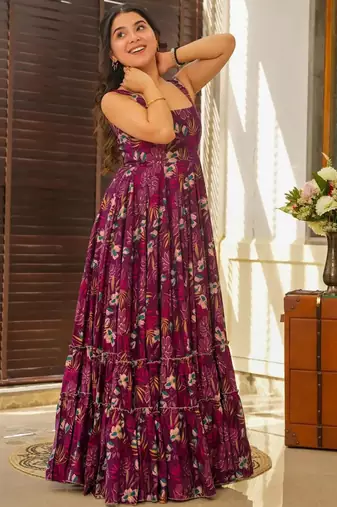 Maroon printed rayon gown