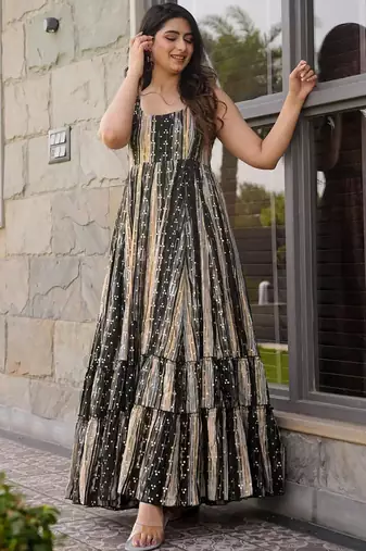 Black printed rayon gown