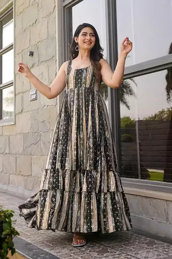 Black printed rayon gown