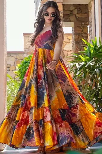 Multicolor printed rayon gown