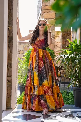 Multicolor printed rayon gown