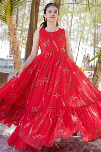 Red printed rayon gown