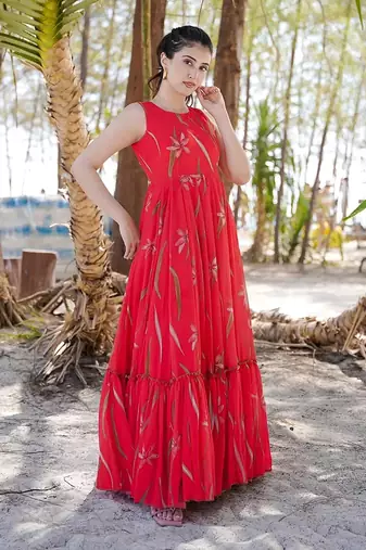 Red printed rayon gown