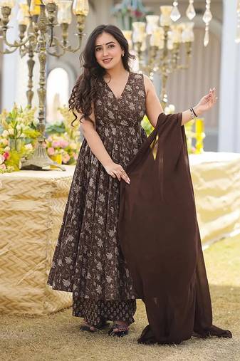 Dark-coffee printed muslin palazzo Suit