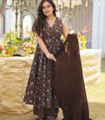 Dark-coffee printed muslin palazzo Suit