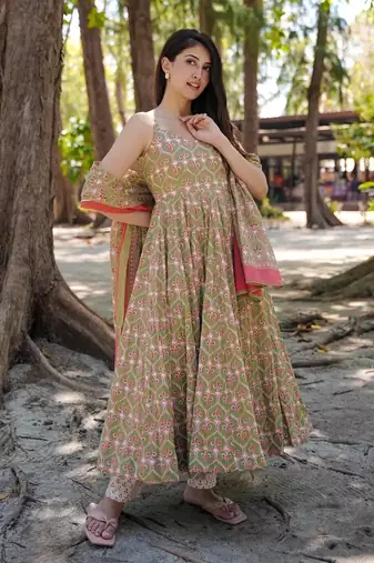 Green printed muslin palazzo Suit