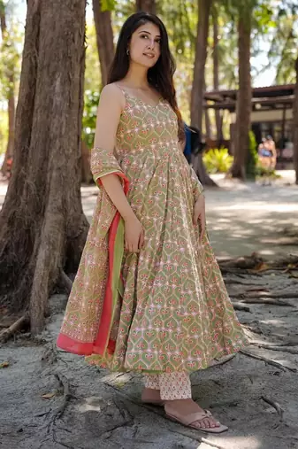 Green printed muslin palazzo Suit