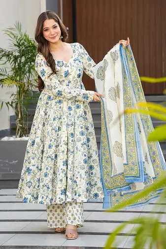 White printed muslin palazzo Suit