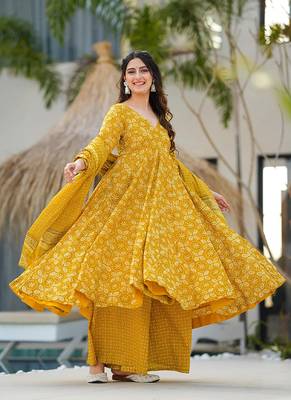 Yellow printed muslin palazzo Suit 1